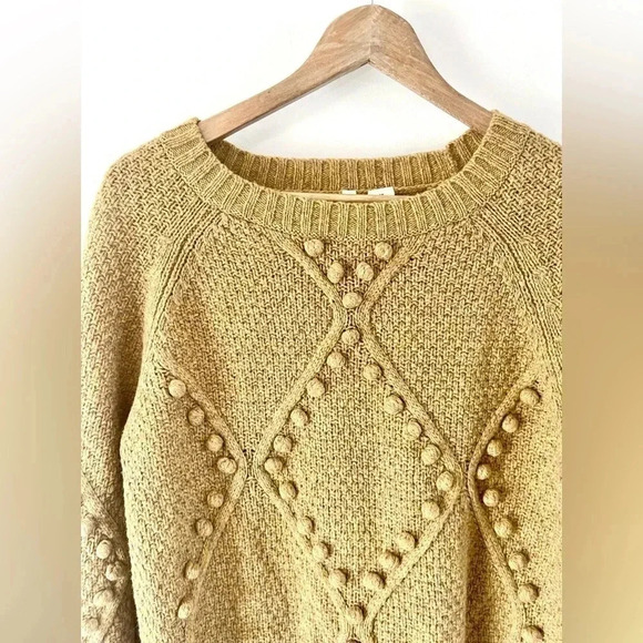 Anthropologie Moth Wool Pom Pom Mustard Yellow Wool Knit Pull Over Sweater Small - Picture 2 of 8